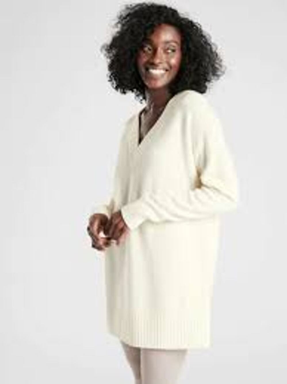 Athleta Wool Cashmere V-Neck Tunic Sweater Dove Size S Oversized Quiet Luxury